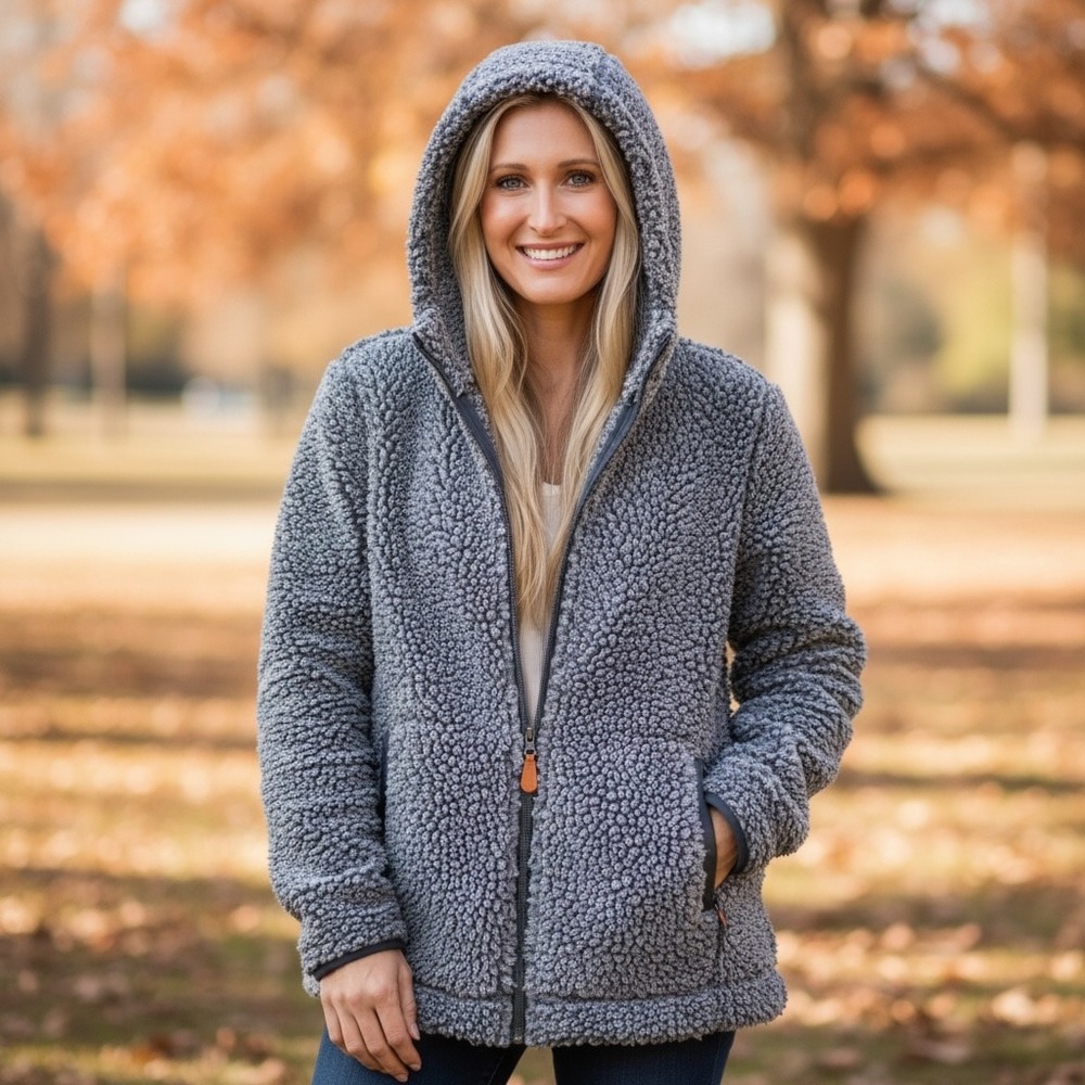 Simply Southern Gray Sherpa‎ Fleece Full Zip Hoodie Jacket Womens Small